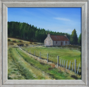 A painting of a small cottage in the countryside