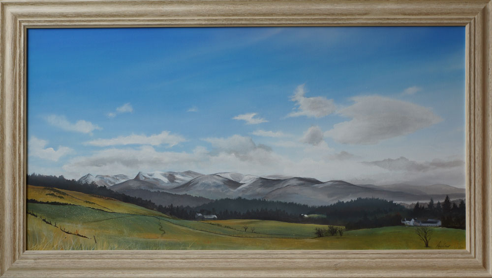 A painting of mountains on a bright day